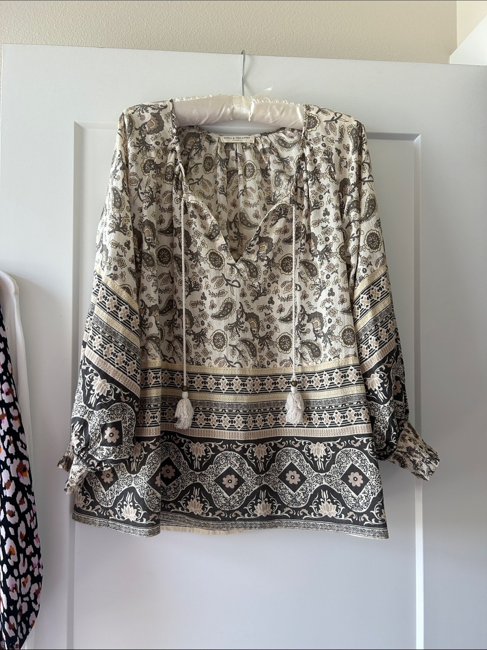 Spell Cream and Black Paisley Border Tie-Front Tunic